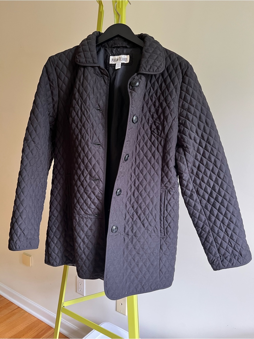 Marvin Richards Black Quilted Button-Up Jacket, size M